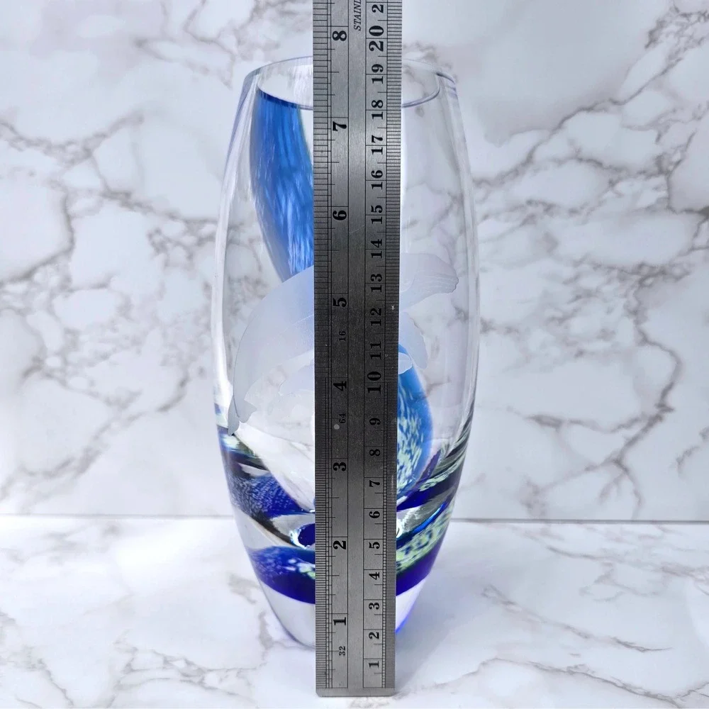 Vtg Caithness Scotland Art Glass Vase Etched Whale & Calf Ocean Nautical 8 Inch